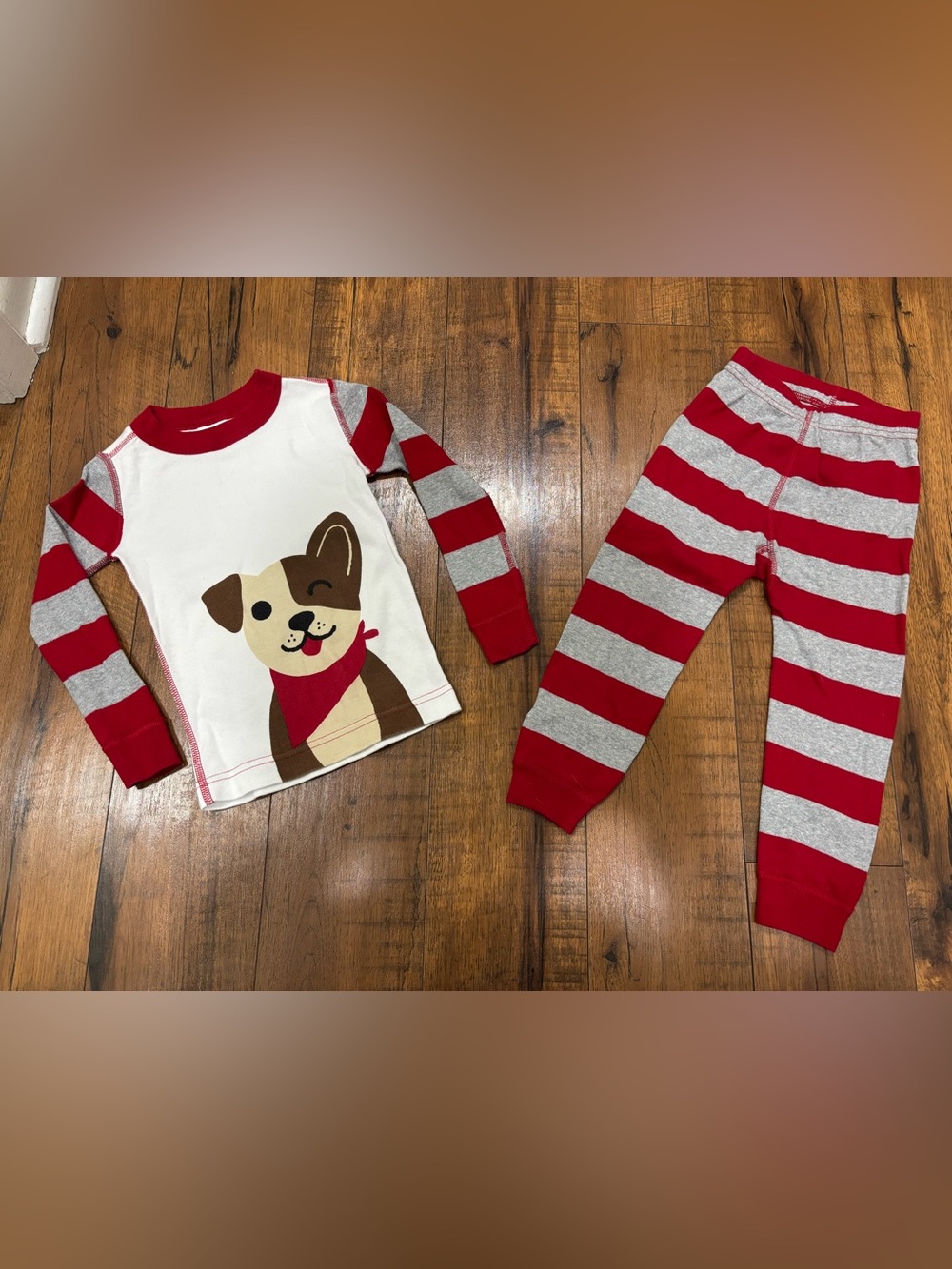 Hanna Andersson Red & Gray Striped Puppy Dog Pajama Set Kids Size 3T